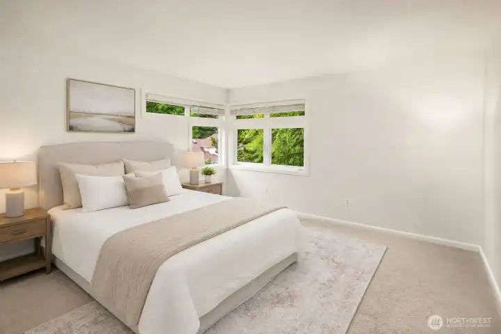 AI enhanced image showing the bonus room staged as a fifth bedroom. Not shown is a large built-in closet.