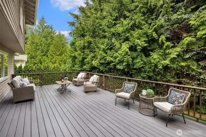 Setting this home apart from it's neighbors, is the oversized entertaining deck and incredibly private back yard. There's space to lounge, dine alfresco, or enjoy the hot tub (not shown), and you are not overlooked by any neighbors
