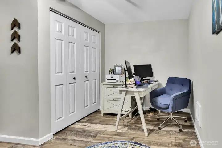 One of the two downstairs rooms with a closet.