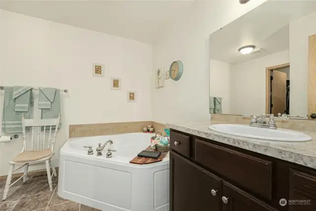 Spacious primary bathroom with walk-in closet.