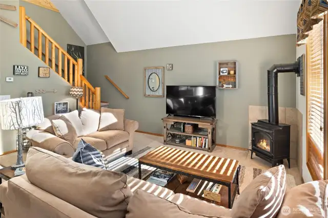 Stay cozy by the gas fireplace during the cold winter months.