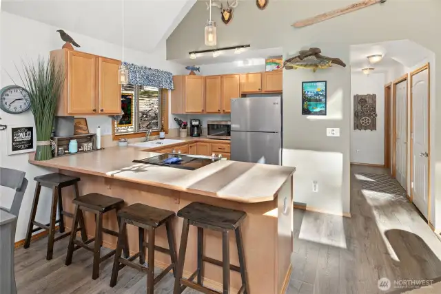 Kitchen peninsula is the best spot to catch a quick bite before a day of outdoor recreation.