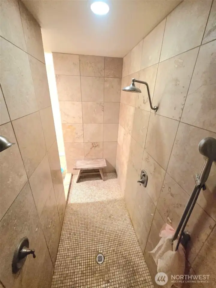 Master bathroom shower facing the entry