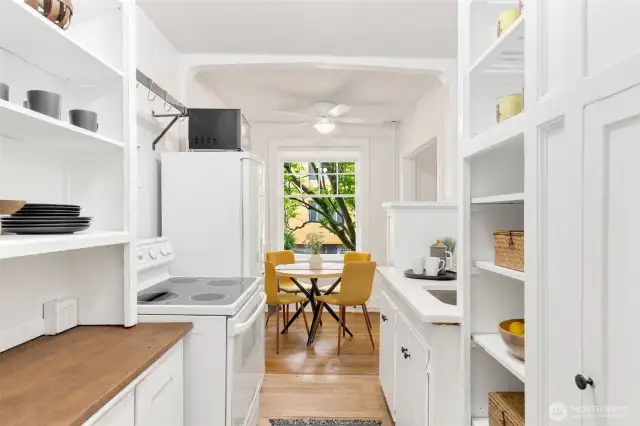 Leaded glass built-in, new counters, fanciful circular floor plan.
