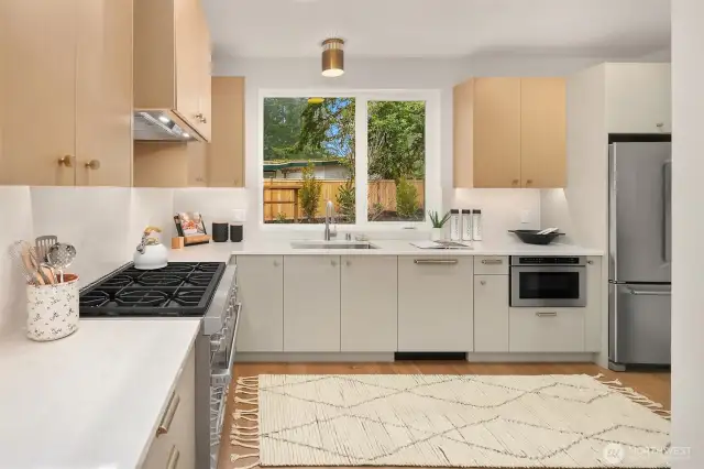 Gas Stove and Custom Hood, Microwave Drawer, Integrated Dishwasher, French Door Style Refrigerator