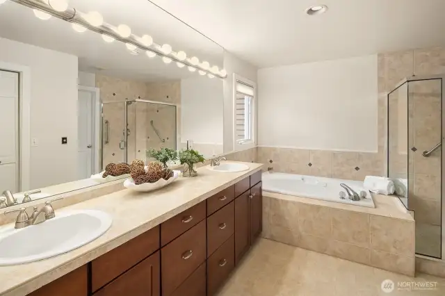 Spa bath with walk-in shower, soaking tub, dual vanities and spacious walk-in closet.