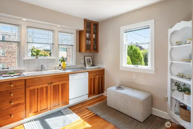 The Gourmet kitchen has an original built-in hutch for cute plates & accessories.