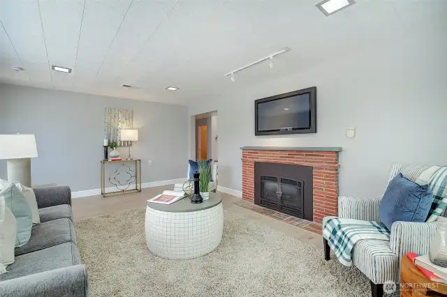 Lower level living room with gas fireplace