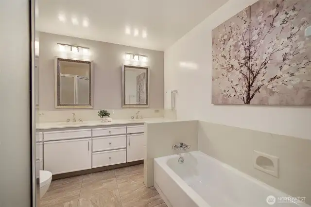 Lower level bathroom with double sink, standing shower and tub
