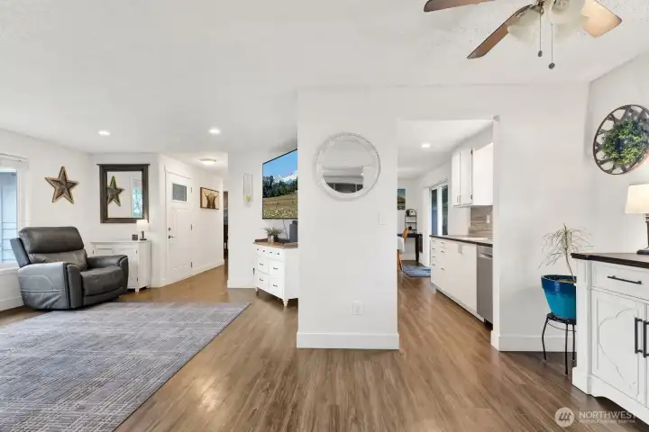 View of living room and kitchen from the dining room