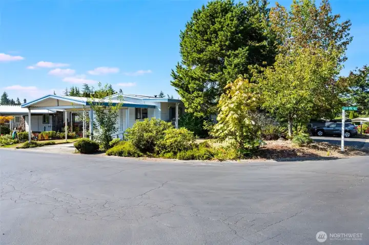 This corner lot has large trees for shade and adjoins guest parking on one side.