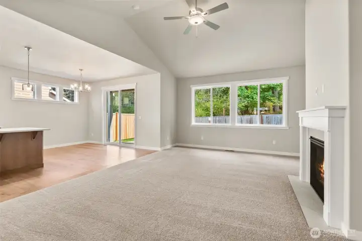 Living room with cozy fireplace, soft carpet and big windows to bring natural lighting.