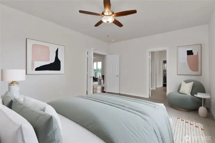 Virtually staged photo of primary bedroom for illustration only.