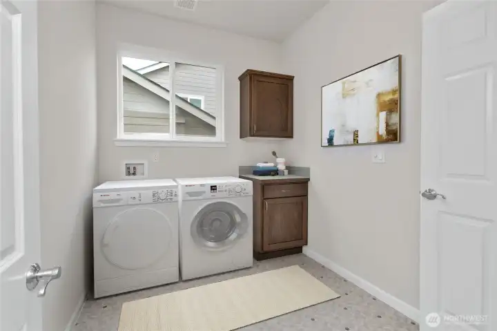 Virtually staged laundry room for illustration only.