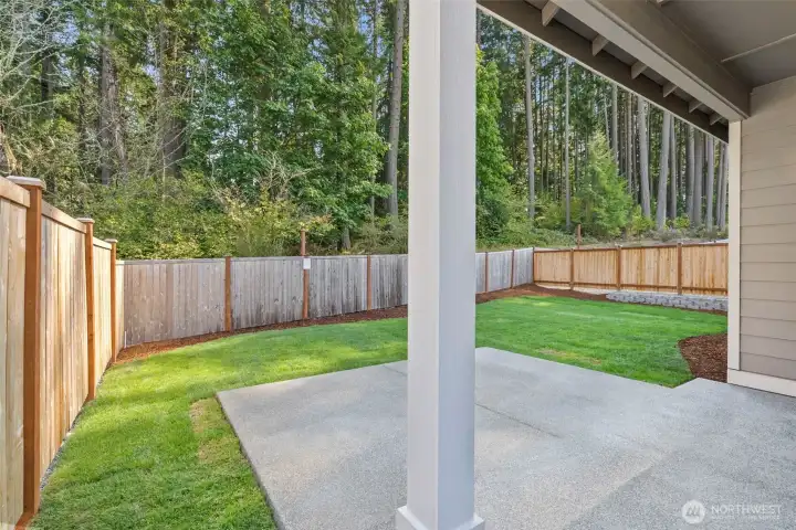Fully fenced and private backyard with a peaceful greenbelt backdrop.