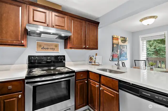 Stainless steel appliances and quartz countertops!