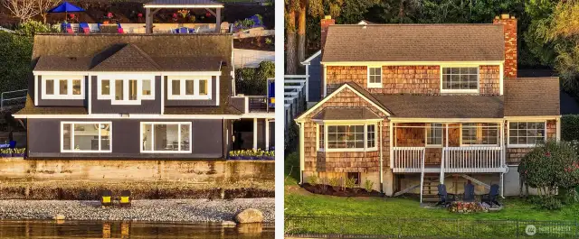 Both 7314 & 7316 Eastside Drive NE are visible in this cinematic shot of Caledonia Cove. At the top: the Cape Cod-style upland residence at 7314. Mid-slope: the versatile Coach House at 7316. Water’s edge: the fully renovated Beach House and petite Boat House, both also part of 7316. Together, these buildings compose a rare street-to-shore estate across two tax parcels.