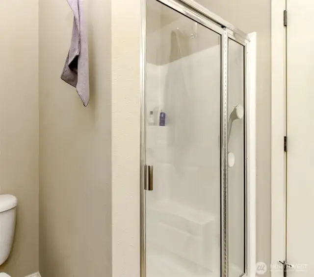 Step-in shower in the primary bathroom.