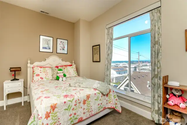 Second bedroom with sweeping views of Mt Rainier, Cascade Foothills and the shipyards off of Commencement Bay!