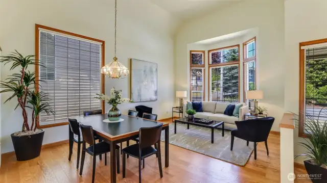The large windows let the sun stream into the living room and dining room.