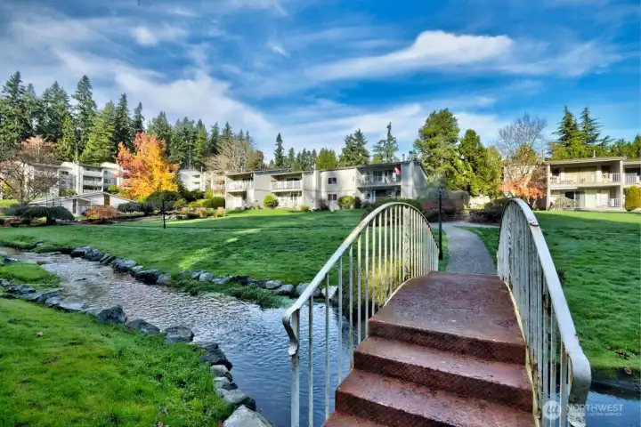 Thornton Creek running in front of condo, clubhouse and pool to the left