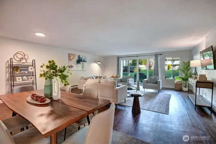 Look at this space, no shortage, opening to green lawn and bubbling brook.