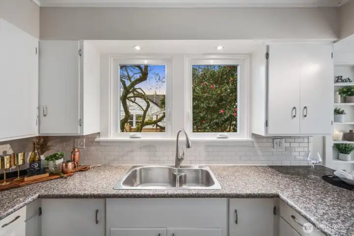 Kitchen view of blooming mature camilia's.