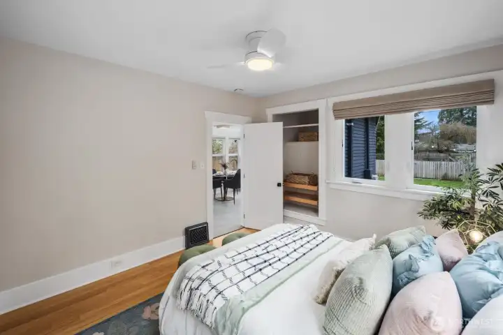 Custom window coverings & overhead fan.