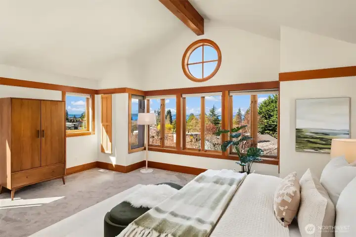 Master bedroom has light and views on 3 sides.