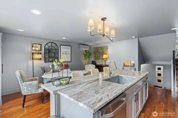 Open dining with Brazilian Cherry floors