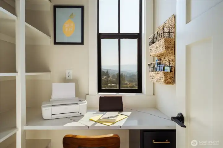 Main level walk in pantry with bonus desk and work space.