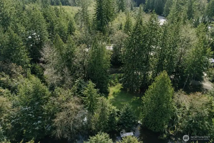 Aerial view showcasing a private, wooded setting with open clearing and canal frontage.