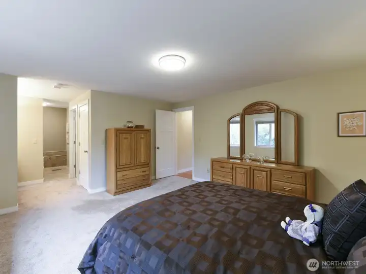 Primary bedroom looking in to bath, plenty of space for a full set of furniture and maybe even a comfortable sitting area.