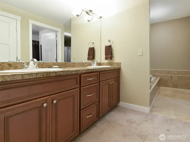 5 piece primary bath with double vanity, soaking tub and shower.  Walk in closet with lots of space!