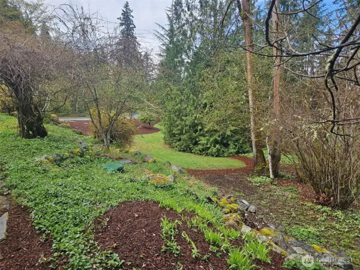 Side yard view from side of garage.  Property goes to side street.
