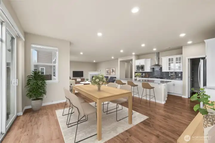 virtually staged dining room, kitchen and great room