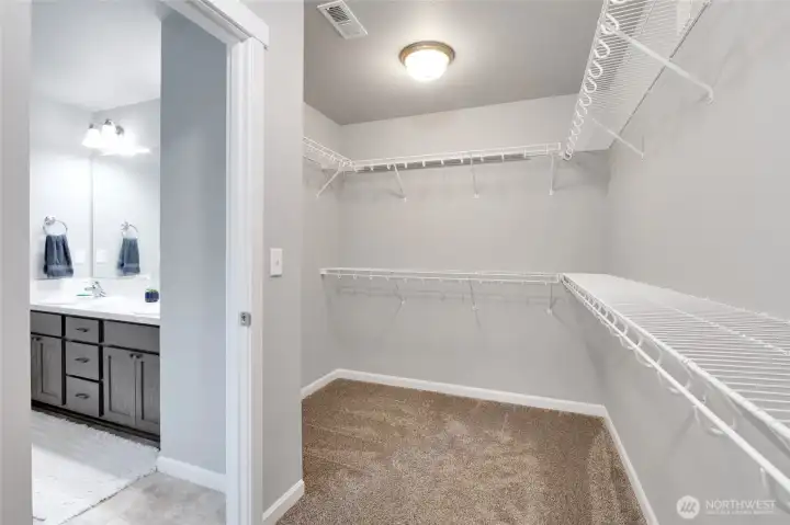 Spacious primary suite walk-in closet and organized storage space.