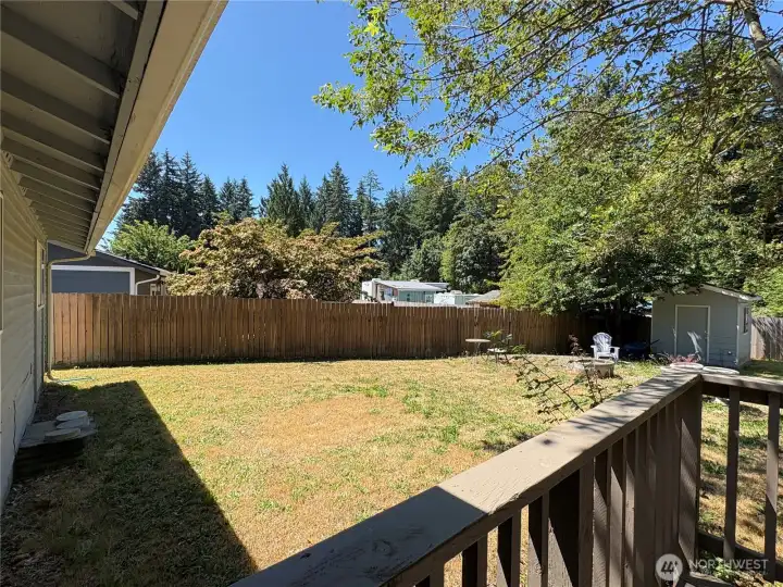 Fully fenced back yard that's private with mature trees Fully fenced back yard that's private with mature trees