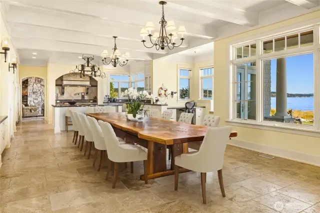 The dining area accommodates a long table, perfect for extended evenings after a meal with local produce and oysters.