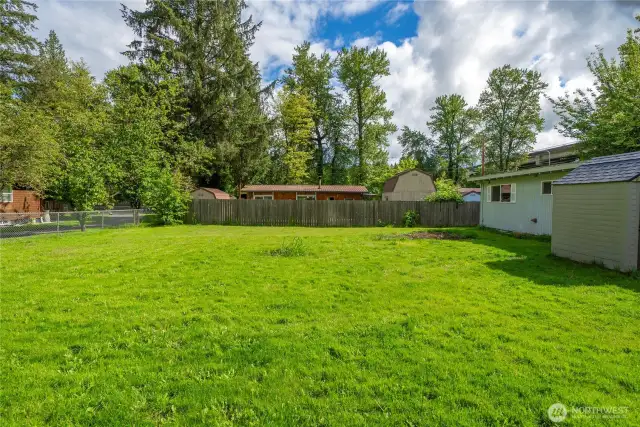 Another angle of the fully fenced yard showcasing open lawn space and mature trees in a peaceful residential setting.
