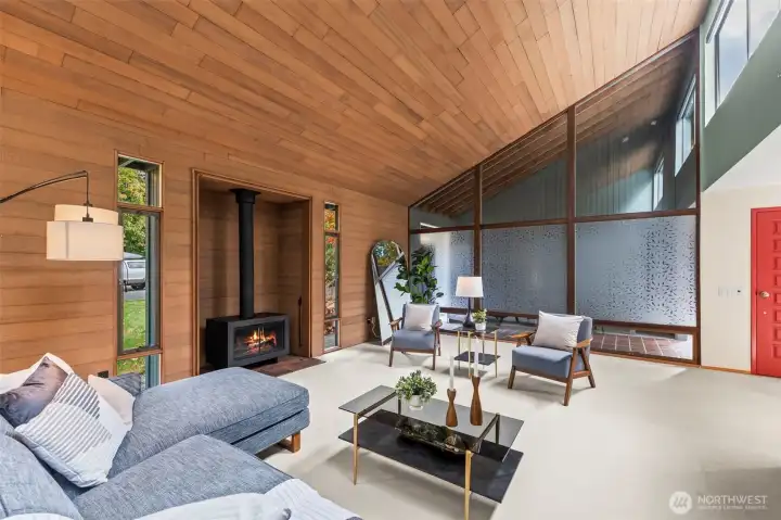 Cozy up around the wood burning fireplace.