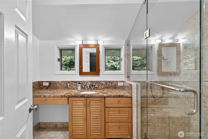 Upstairs 3/4 bathroom with heated flooring