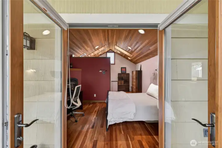 View into the guest house through double glass doors