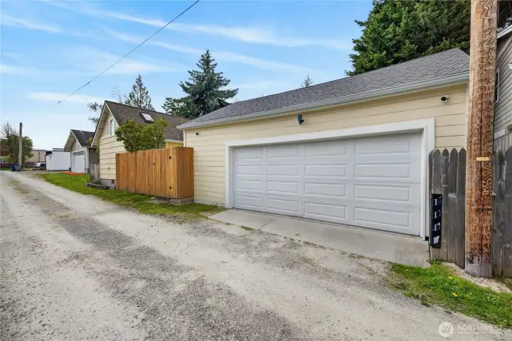 Alley view of two-car garage