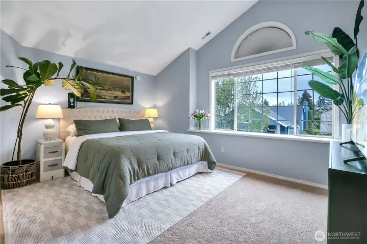 Oversized primary bedroom with vaulted ceiling. K-I-N-G sized bed with plenty of room for more. Expansive window with very wide windowsill.  Walk-in-closet just behind us + bath to our left.
