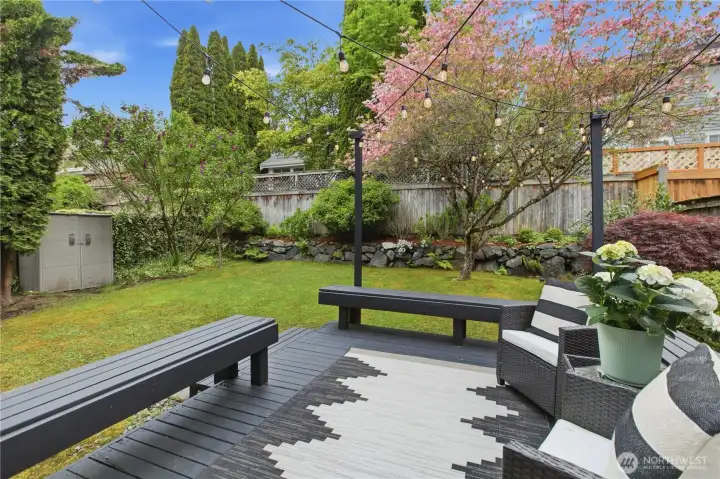 Down the stairs; out the slider; to the backyard. Deck with seating, garden shed, party lights! Enjoy the greenery and rockery OR create the gardens of your dreams!