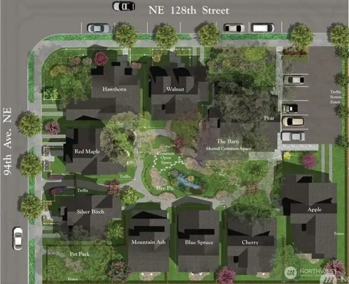 Here is the plat map. The subject is Mountain Ash, so you can see its location in relation to "The Barn." The subject's garage + driveway parking in front of it is part of "The Barn," and the space closest to the community. Guests can park on either NE 128th Street or 94th Avenue NE and then walk to your home. It is an easy walk.