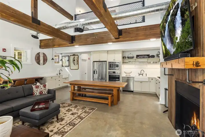 Part of the monthly homeowner's dues is to maintain "The Barn," which features a community room, kitchen, and loft available to all residents at no additional cost.