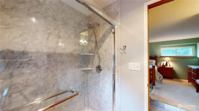 updated primary shower, no tub