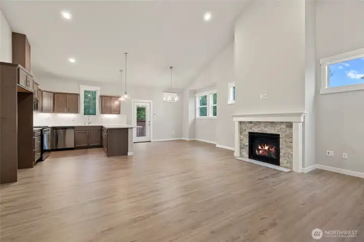 The vaulted ceilings in the great room give a large open space.